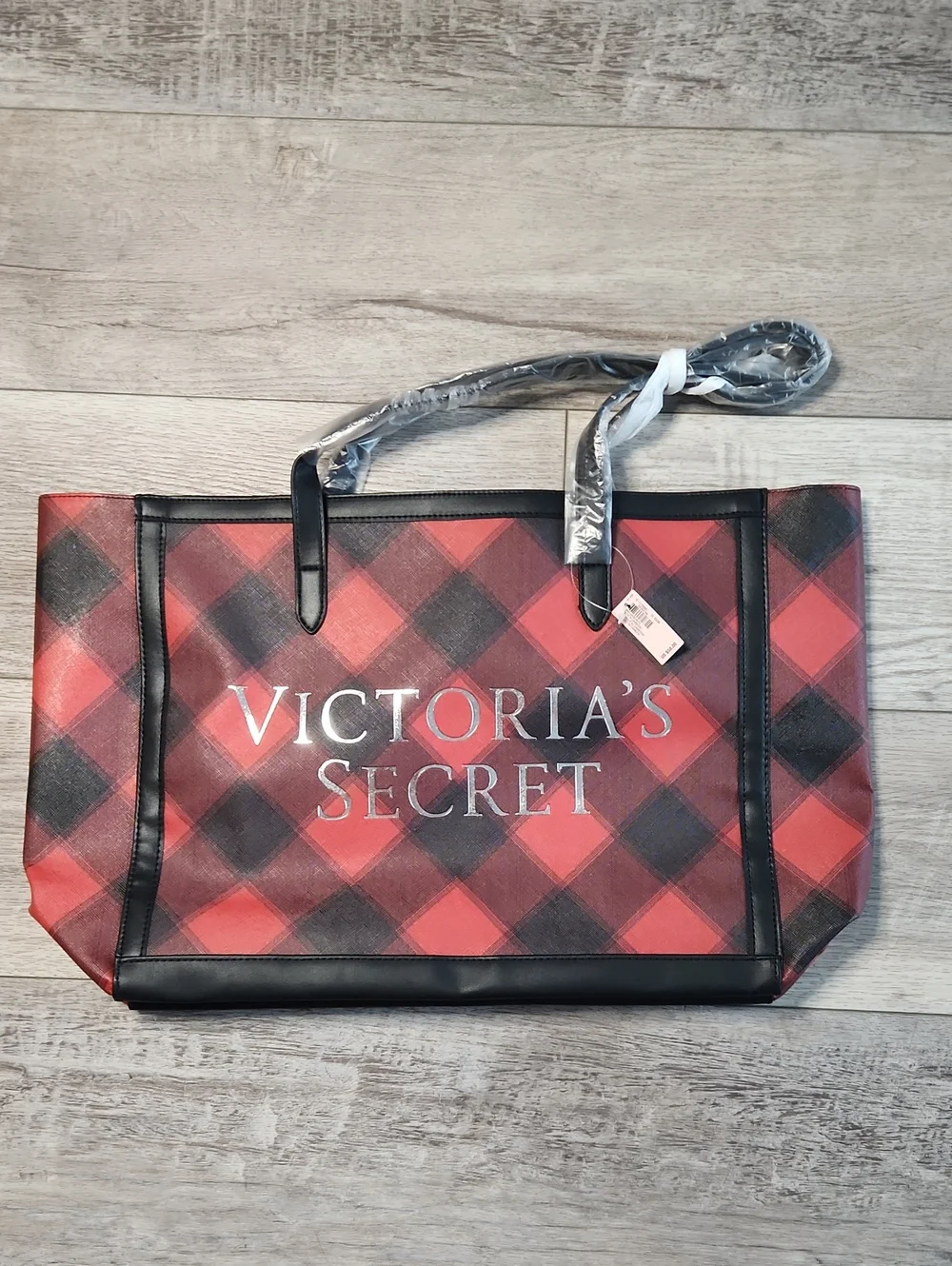 Victoria's Secret Red and Black Plaid Logo Tote NEW
